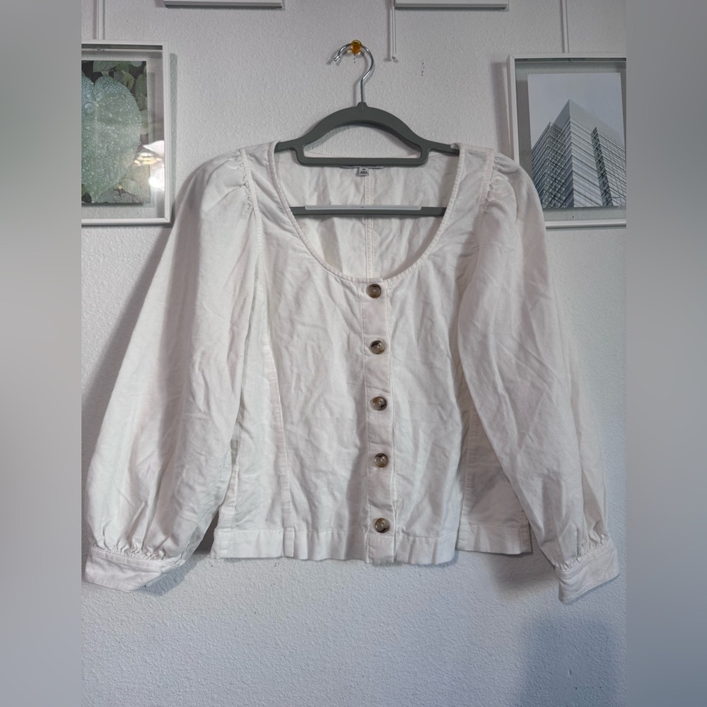 MADEWELL Corduroy Shirred-Sleeve Button-Front Top In Ivory Size extra small - Picture 3 of 10